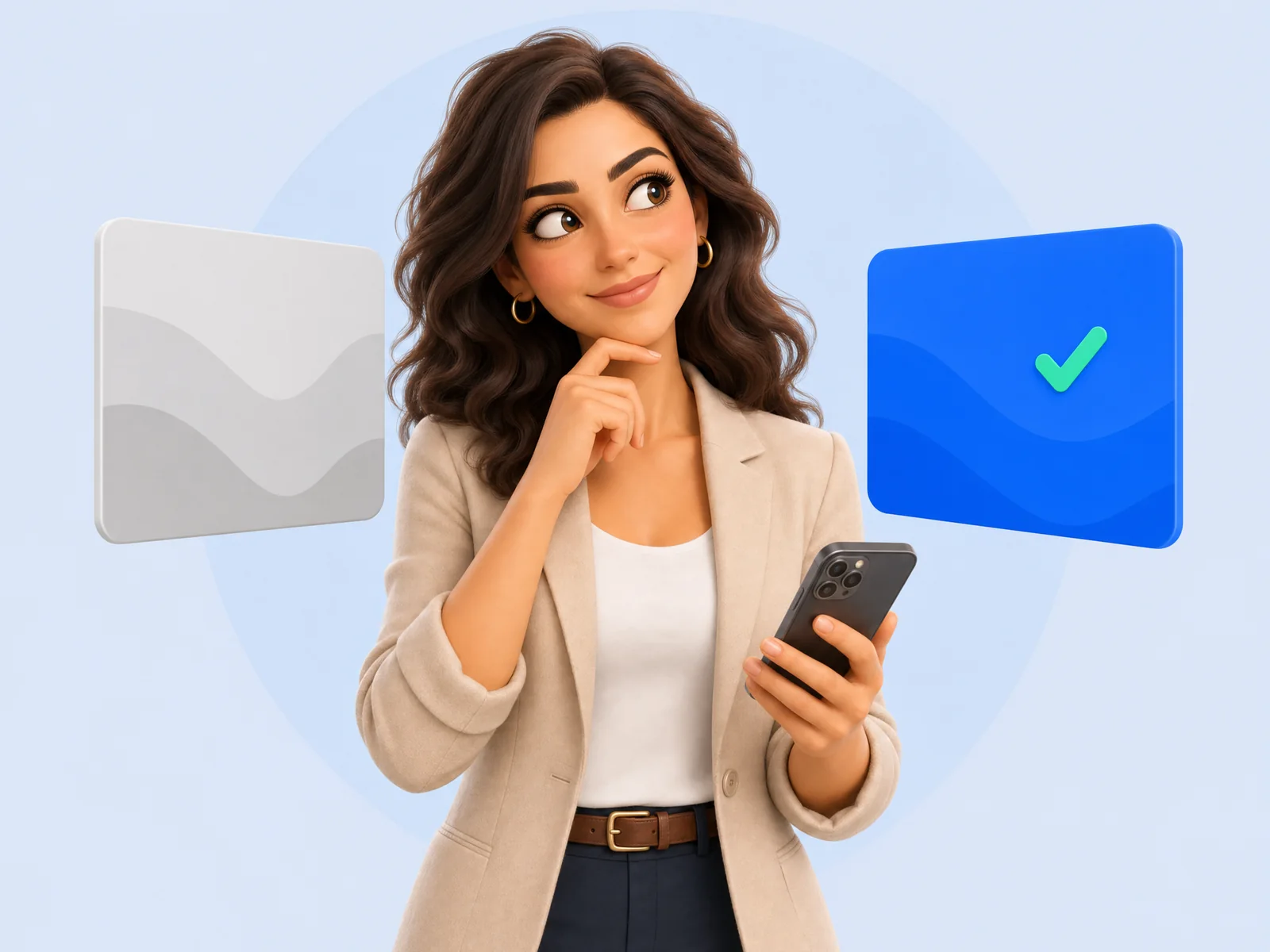 מתווכת מהורהרת בוחרת בין שני ריבועים מופשטים - אחד אפור ואחד כחול עם סימן-וי